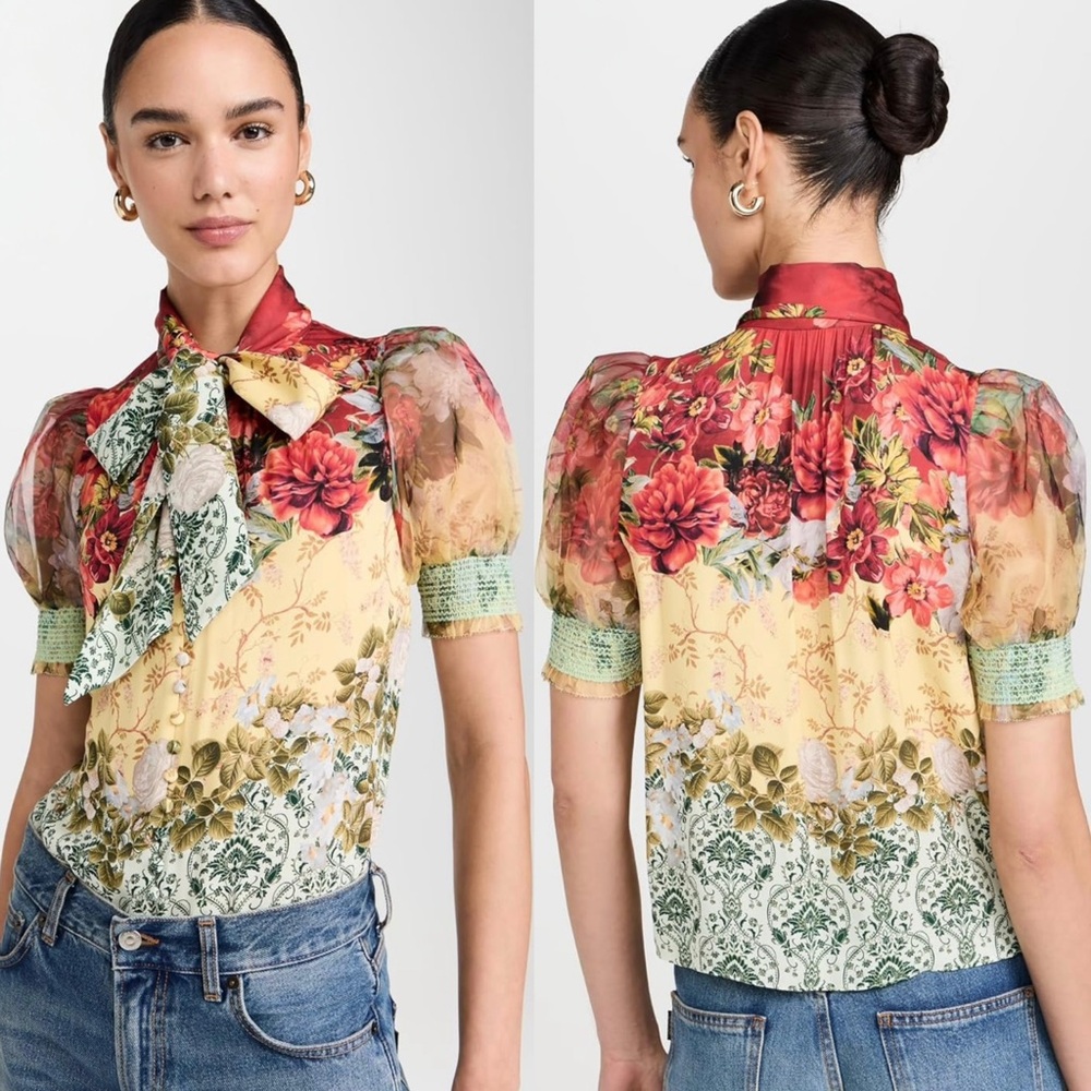 Alice and Olivia Brentley Silk Floral Print Puff Short Sleeve Button Down Blouse